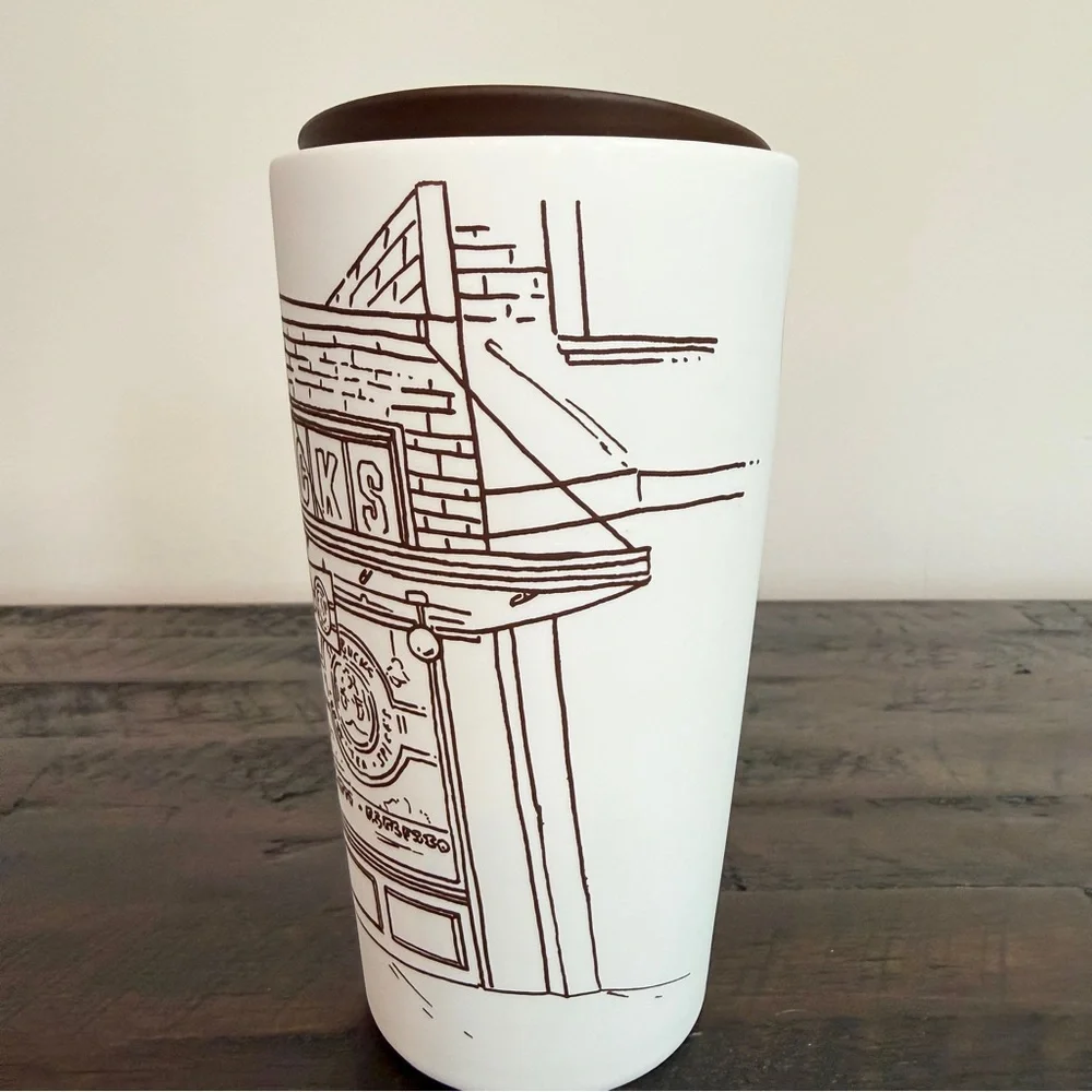 Starbucks Pike Place First Store Storefront White Ceramic Travel Tumbler 12 F Oz